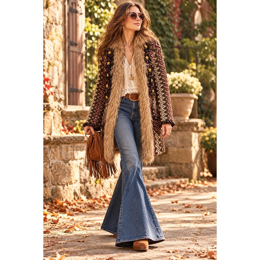 Vintage Style 70s Penny Lane Chevron Coat Faux Fur Trim Boho Hippie Retro sz M
